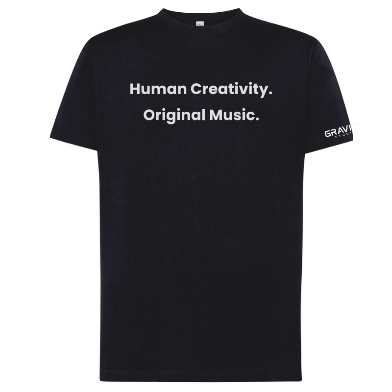 T-shirt Gravity Studio nera Human Creativity Original Music con logo ufficiale